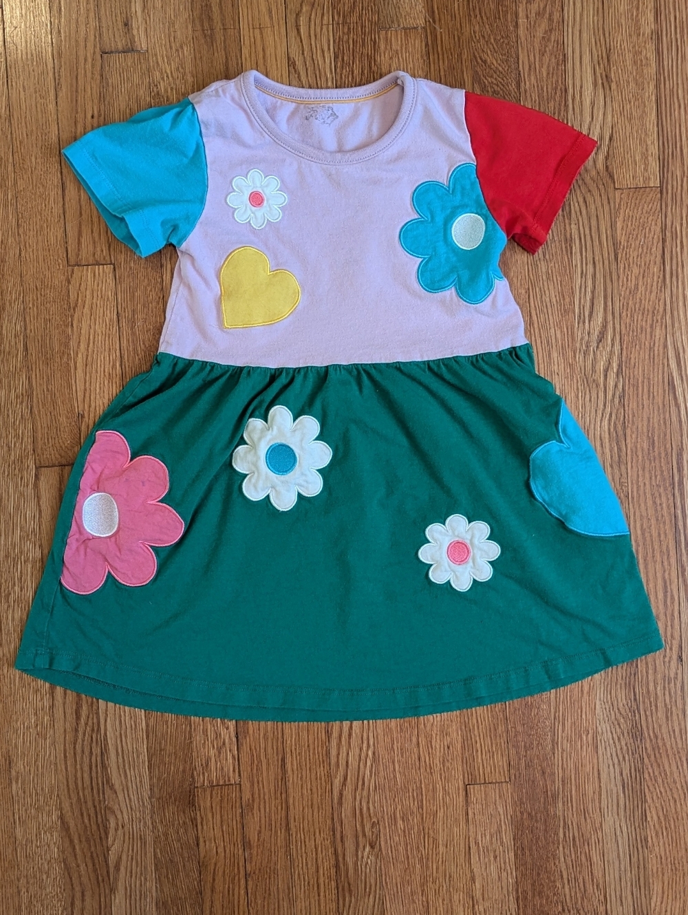 Girls Colorblock Floral Appliqué Dress - Green & Pink